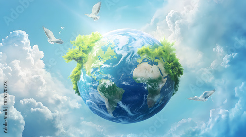 Global Serenity: 3D Earth in a Bright Sky with Soaring Birds