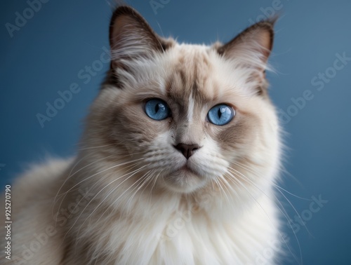 Close-up Portrait of a White and Brown Ragdoll Cat with Blue Eyes