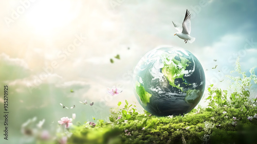 Global Harmony: Earth Resting on Greenery with a Soaring Bird