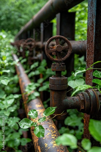 Rusty pipes intertwined with green plants create a captivating contrast of nature and industrial decay in this close-up image.