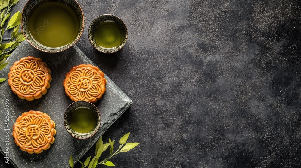 A stone table with mooncake and green tea, embodying the spirit of the Mid-Autumn Festival in an elegant, minimalist style. A stone table with mooncake and green tea, embodying the spirit of the Mid-Autumn Festival in an elegant, minimalist style.