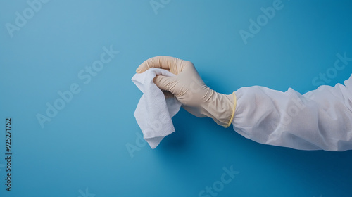 Close-up of doctor hand in white medical gloves holding a cotton cloth on blue background with copy space for text photo