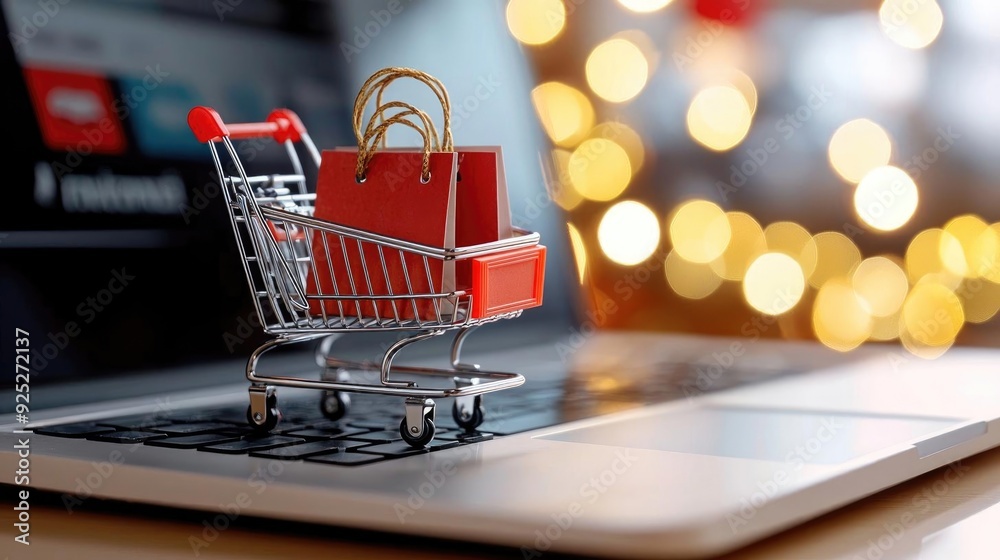A miniature shopping cart on a laptop keyboard, symbolizing online shopping and e-commerce excitement during the festive season. A miniature shopping cart on a laptop keyboard, symbolizing online shopping and e-commerce excitement during the festive season.