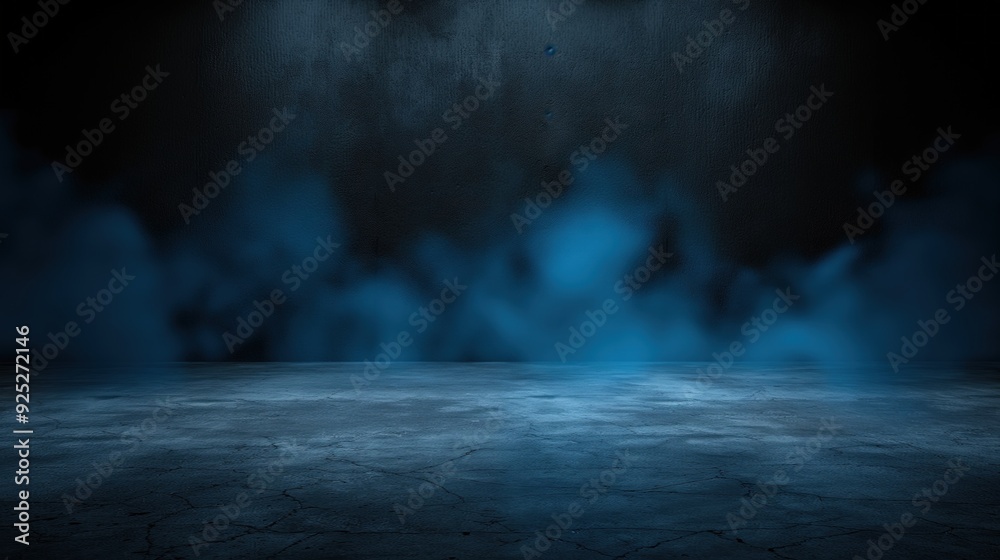 The atmosphere is filled with thick blue smoke, creating a mysterious ambiance on a darkened stage ready for a theatrical performance The atmosphere is filled with thick blue smoke, creating a mysterious ambiance on a darkened stage ready for a theatrical performance