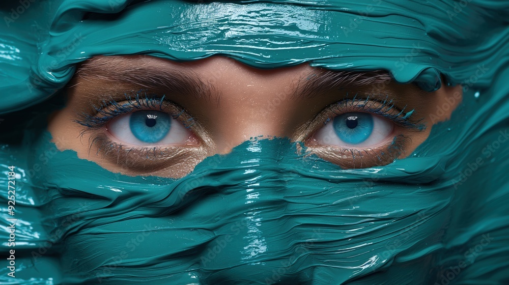 A person displays captivating blue eyes while their face is partially covered in vibrant teal paint, creating a striking visual effect A person displays captivating blue eyes while their face is partially covered in vibrant teal paint, creating a striking visual effect