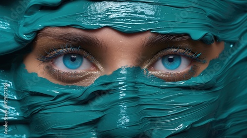 A person displays captivating blue eyes while their face is partially covered in vibrant teal paint, creating a striking visual effect photo