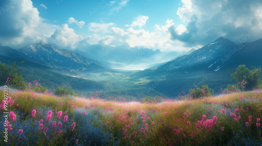 Lush Alpine Meadow Bathed in Warm Sunlight with Dramatic Mountain Peaks Lush Alpine Meadow Bathed in Warm Sunlight with Dramatic Mountain Peaks