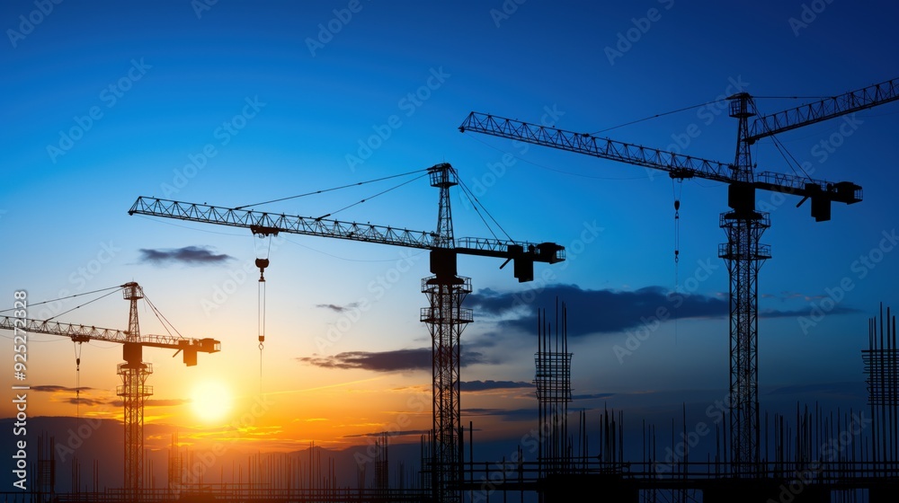 Construction cranes tower against a colorful sunset, marking the progress of urban development in the evening sky Construction cranes tower against a colorful sunset, marking the progress of urban development in the evening sky