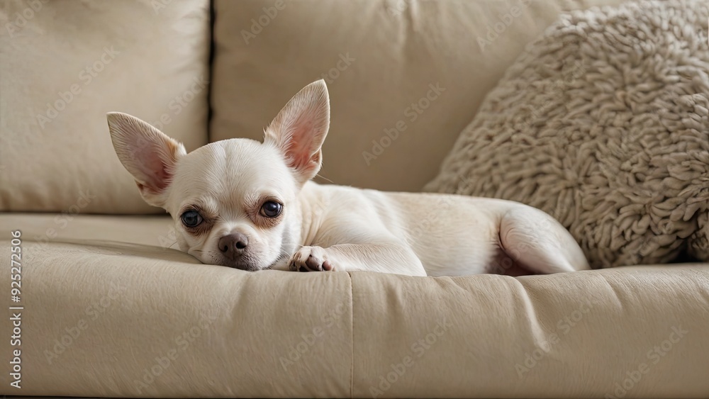 Cream smooth coat chihuahua dog lying on sofa in living room Cream smooth coat chihuahua dog lying on sofa in living room