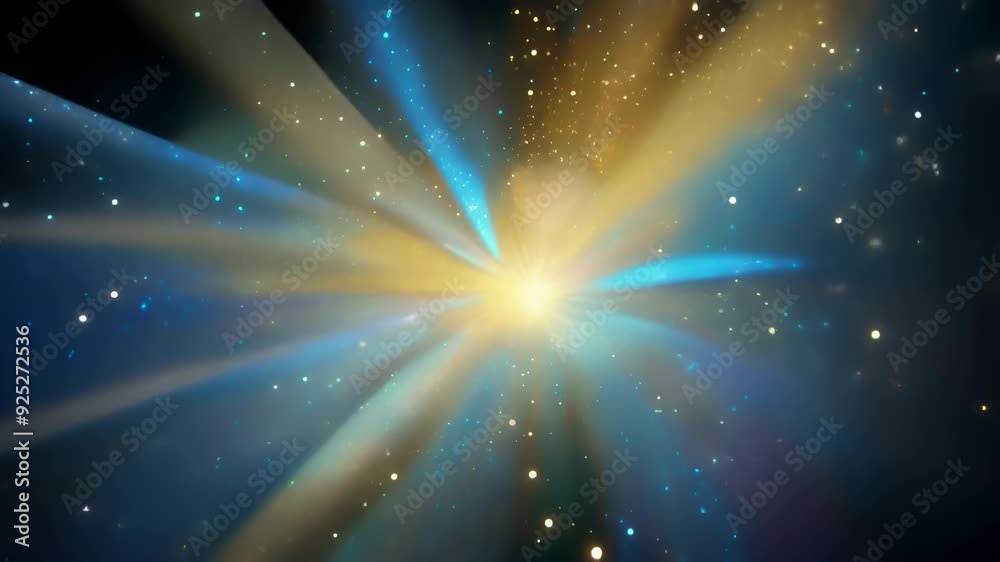 video of a radiant burst of light in space, emitting blue and golden rays across a star-filled background, ideal for concepts of cosmic energy, creation, and stellar phenomena video of a radiant burst of light in space, emitting blue and golden rays across a star-filled background, ideal for concepts of cosmic energy, creation, and stellar phenomena