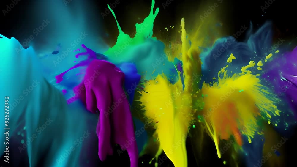 video of intense explosion of bright, colorful paint splashes, with neon hues bursting against black background, creating dramatic and vibrant visual impact, creativity, energy, modern art