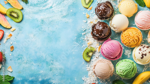 Ice cream scoops on many favors arranged along the sweet colorful background 