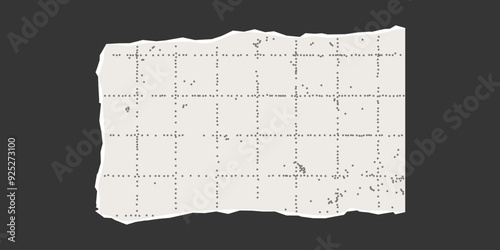 Torn rectangular sheet of checkered paper with uneven edges on dark background. Dotted textured background, noisy gritty effect. Banner template, empty space for text, ripped vintage frame.