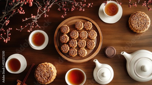 A wooden table adorned with mooncakes, teacups, and subtle Mid-Autumn Festival touches, creating a warm holiday atmosphere. photo