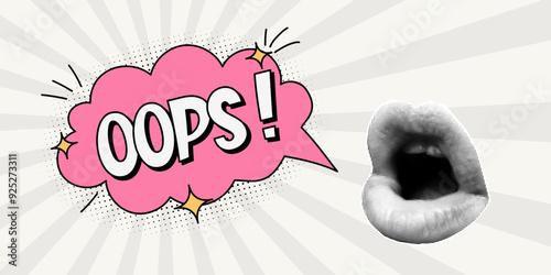 Halftone collage retro banner, open mouth and pink speech bubble, expressive inscription oops, cloud and explosion in a comic style. Paper cut elements, pop art style, lips.