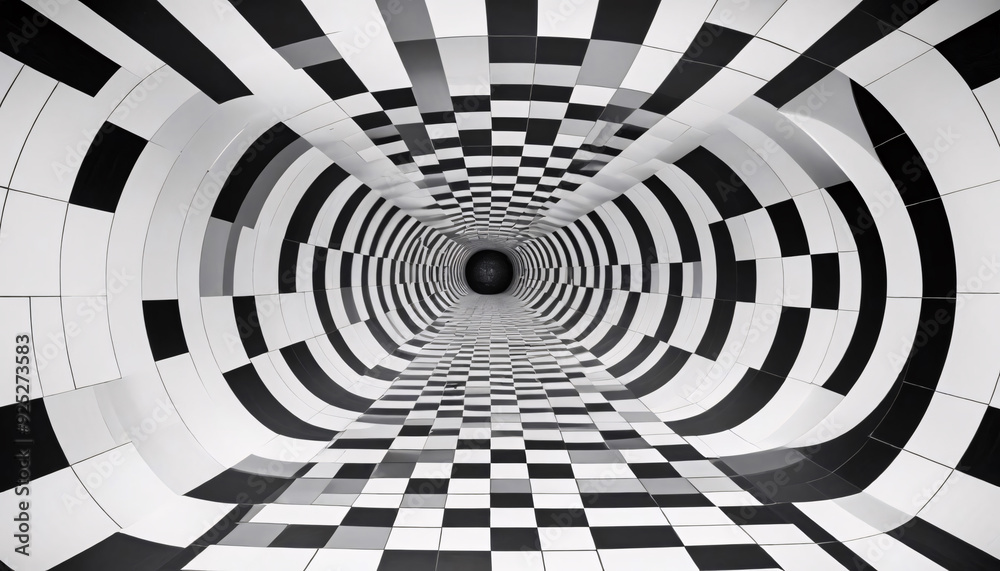 A black and white checkered tunnel with a repeating pattern of concentric circles and squares, creating a surreal and optical illusion effect A black and white checkered tunnel with a repeating pattern of concentric circles and squares, creating a surreal and optical illusion effect
