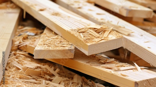 Wooden planks are stacked haphazardly, with visible shavings scattered around, indicating recent cutting or carpentry work being carried out in broad daylight photo