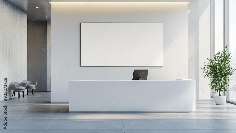 White reception desk, blank canvas, grey floor, and plant. White reception desk, blank canvas, grey floor, and plant.