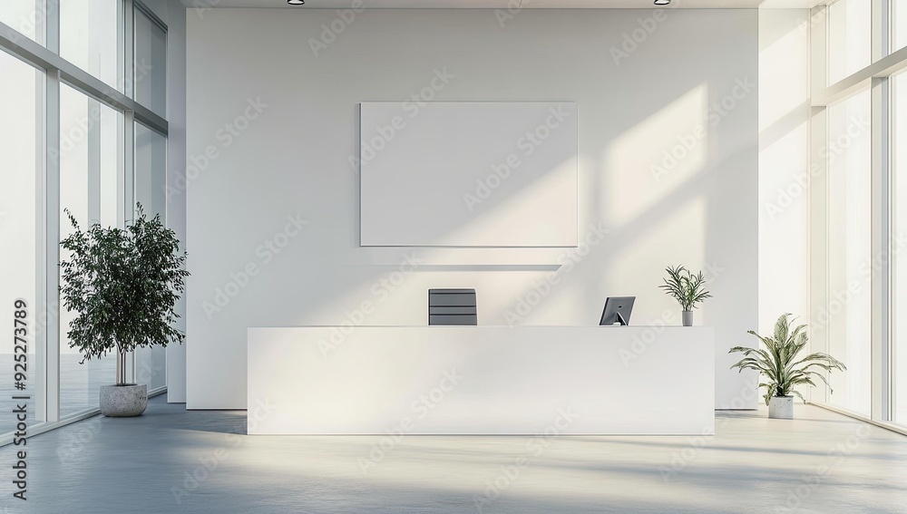 Modern minimalist white office reception area. Modern minimalist white office reception area.