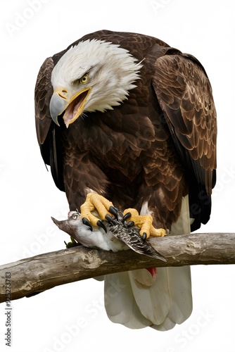 Bald Eagle Perched on Branch and Devouring its Prey, on White Background, Real Photo, Standard Background, Wallpaper, Cover and Screen of Smartphone, Cell Phone, Computer, Laptop