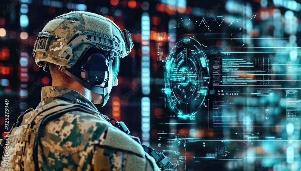 A soldier in camo stares at a futuristic display. A soldier in camo stares at a futuristic display.
