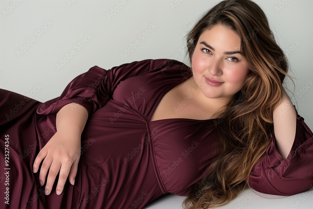 Professional Plus-Size Model in Burgundy Sleepwear. Concept about lifestyle and body positivity Professional Plus-Size Model in Burgundy Sleepwear. Concept about lifestyle and body positivity