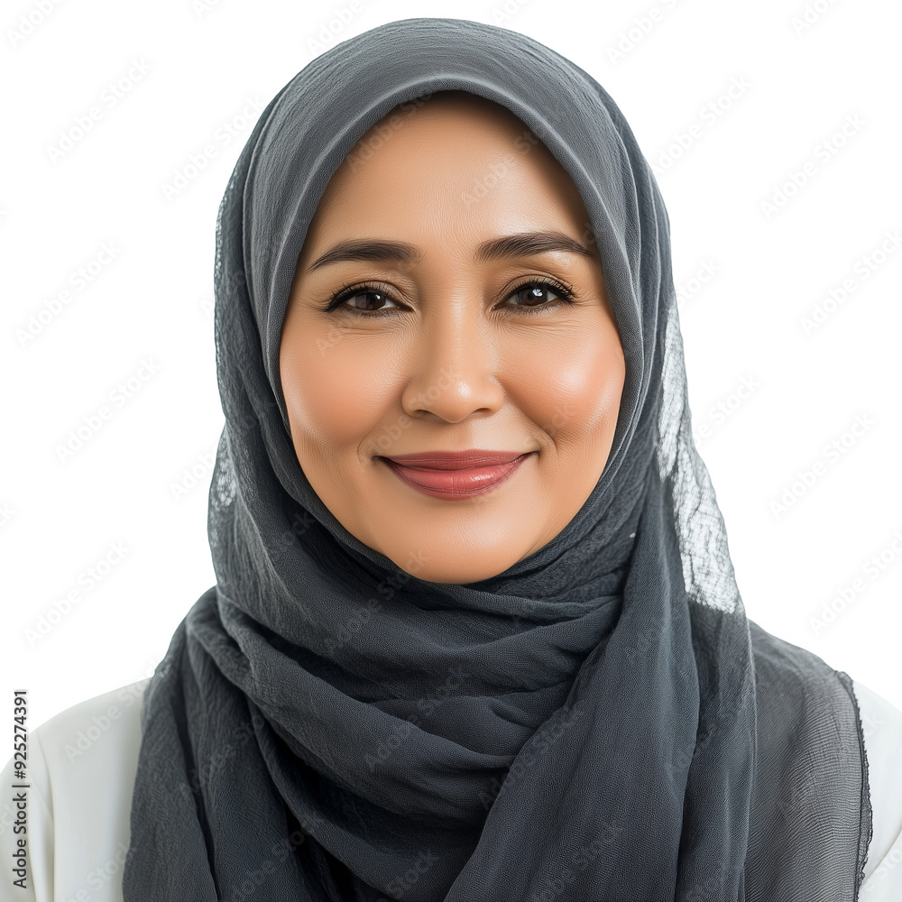 Naklejka premium Beautiful middle aged Indonesian woman in hijab smiling. Asian style model, isolated on white background. Muslim woman. Design element for poster, publicity.