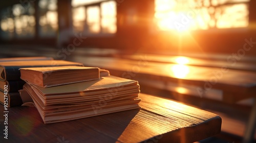 Sunlight streams through the classroom windows, casting a warm glow on neatly stacked books resting on a wooden table during late afternoon hours photo