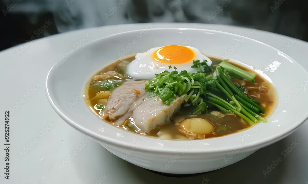 Cinematic shoot delectable Asian Noodle Soup with Pork and Egg Cinematic shoot delectable Asian Noodle Soup with Pork and Egg