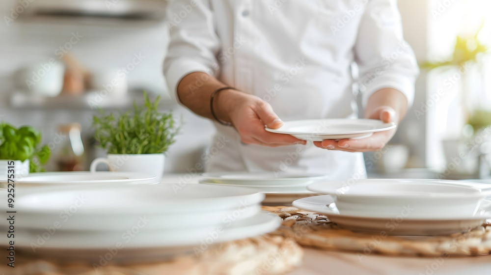 Man placing clean white plates on the dining table Man placing clean white plates on the dining table