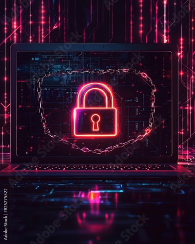 A digital padlock icon displayed on a laptop screen, symbolizing cybersecurity within a neon-lit environment. photo