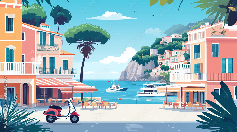 Obraz premium capture the cheerful and picturesque essence of traditional Italian settings with a scooter, perfect for creating bright and inviting illustrations.