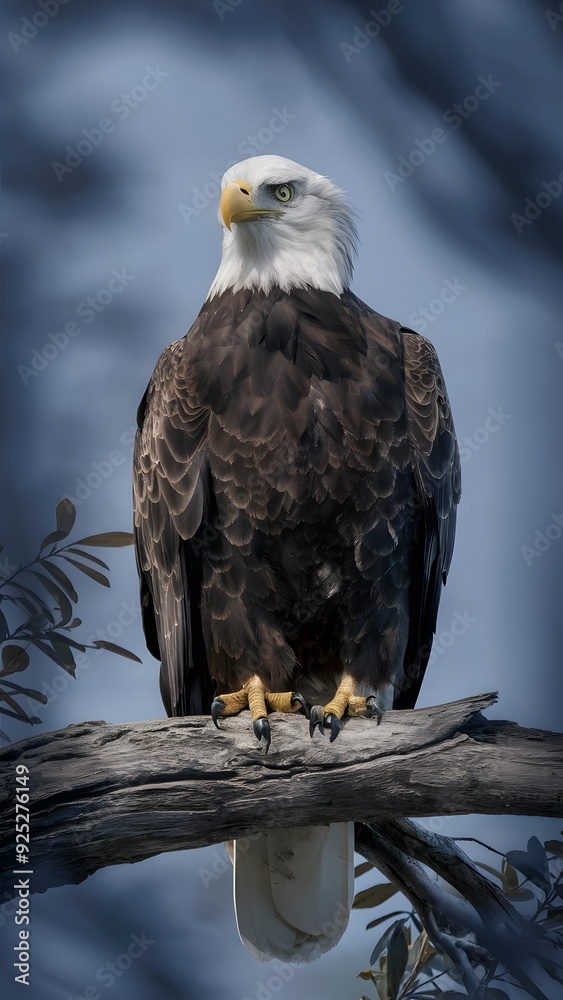 Bald Eagle Perched on Branch, with Blue Background, Realistic Photo, Standard Background, Wallpaper, Cover and Screen for Smartphone, Cell Phone, Computer, Laptop Bald Eagle Perched on Branch, with Blue Background, Realistic Photo, Standard Background, Wallpaper, Cover and Screen for Smartphone, Cell Phone, Computer, Laptop