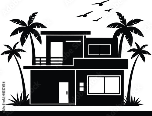 house and tree silhouette illustration blacka and white photo