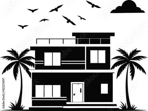 house and tree silhouette illustration blacka and white photo