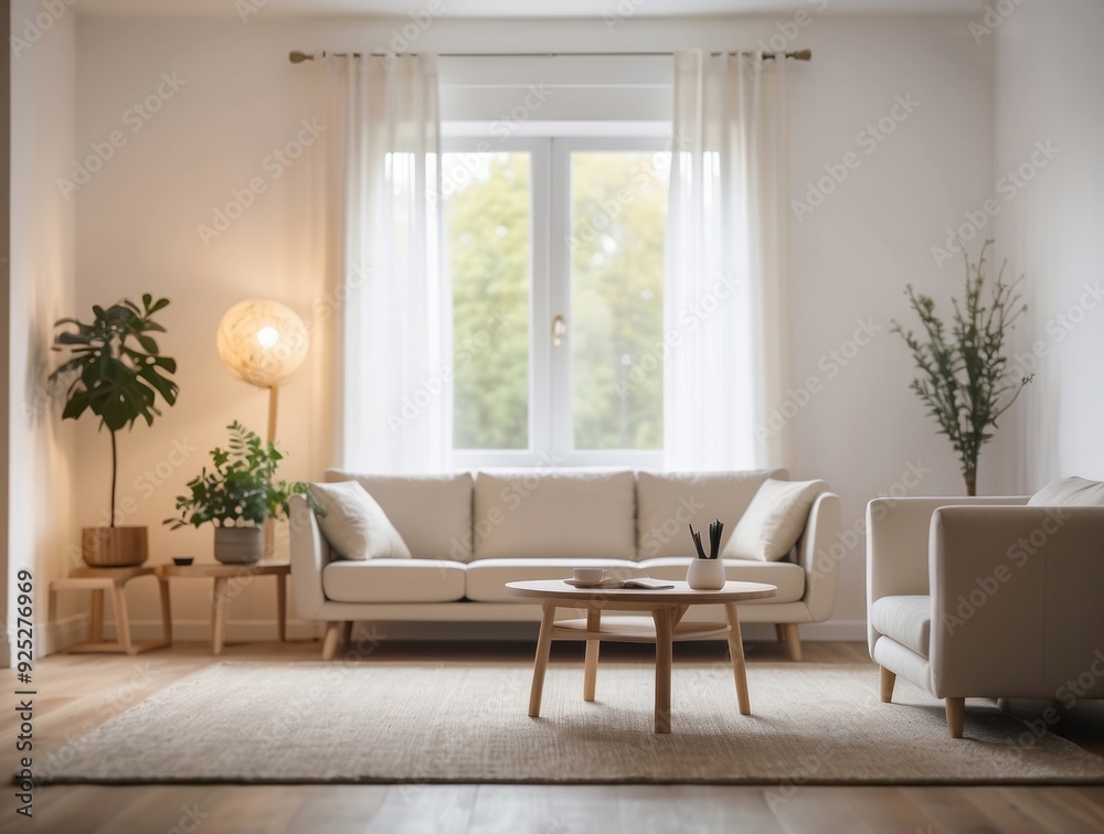 Modern Living Room Interior with White Sofa, Coffee Table, and Plants Modern Living Room Interior with White Sofa, Coffee Table, and Plants