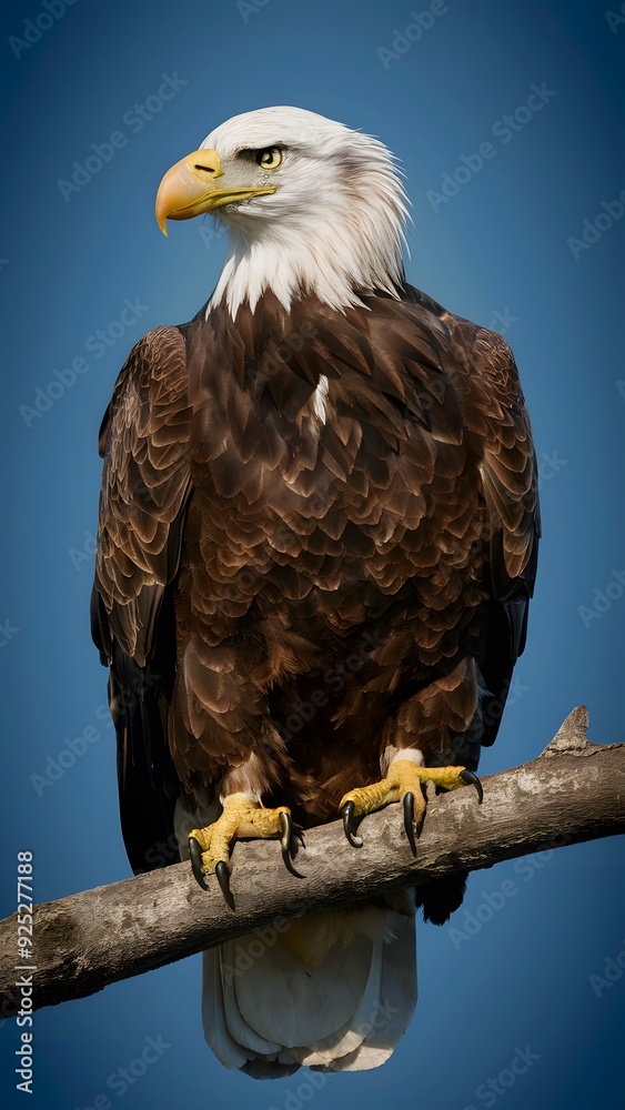 Bald Eagle Perched on Branch, with Blue Background, Realistic Photo, Standard Background, Wallpaper, Cover and Screen for Smartphone, Cell Phone, Computer, Laptop Bald Eagle Perched on Branch, with Blue Background, Realistic Photo, Standard Background, Wallpaper, Cover and Screen for Smartphone, Cell Phone, Computer, Laptop