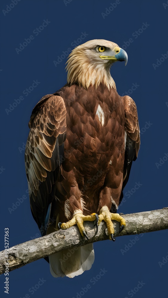 Bald Eagle Perched on Branch, with Blue Background, Realistic Photo, Standard Background, Wallpaper, Cover and Screen for Smartphone, Cell Phone, Computer, Laptop
