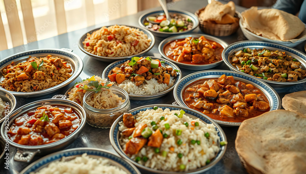 A variety of traditional Middle Eastern dishes including rice, stews, salads, and breads on a table A variety of traditional Middle Eastern dishes including rice, stews, salads, and breads on a table