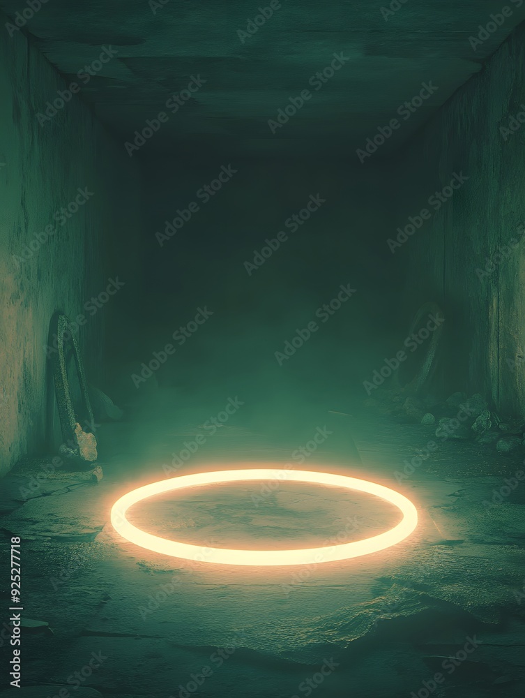 Glowing ring of light in a dark, abandoned room. The ring casts a soft light on the dusty floor, creating an eerie and mysterious atmosphere. Glowing ring of light in a dark, abandoned room. The ring casts a soft light on the dusty floor, creating an eerie and mysterious atmosphere.
