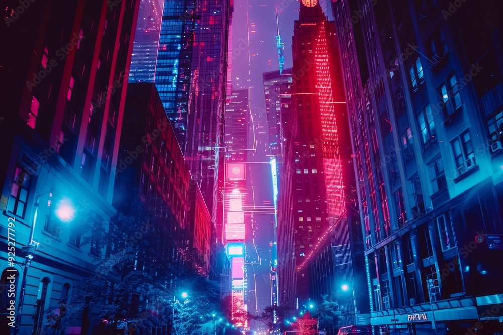 A city street bustling with activity and lined with numerous towering buildings under neon lights, Neon lights creating a futuristic cityscape A city street bustling with activity and lined with numerous towering buildings under neon lights, Neon lights creating a futuristic cityscape