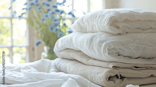 Clean bed linens piled on a table