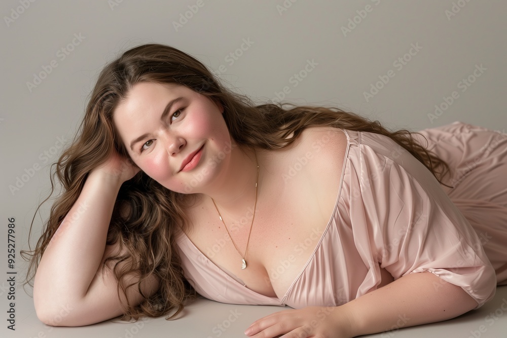 Overweight woman in beige nightgown, sensual studio scene. Concept about lifestyle and body positivity