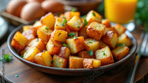 A plate of golden-brown, crispy home fries, seasoned to perfection. The cubed potatoes are tender on the inside and crunchy on the outside, making a delicious side dish for any meal.