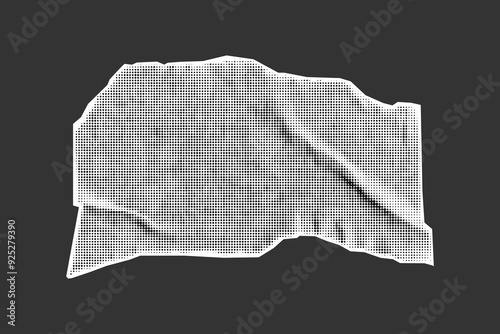 Halftone collage element isolated on dark background. Torn piece of paper tape with jagged edges. Cut and ripped sheet, vintage crumpled sticker, place for text.