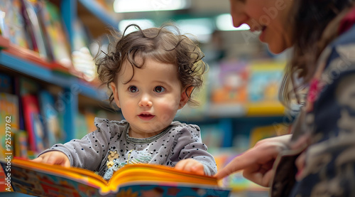 Cute Baby Girl Reading a Book in a Bookstore - Photo