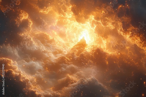 Obraz na płótnie majestic celestial being of pure light seated on an ornate golden throne among swirling cosmic clouds radiating divine energy surrounded by adoring cherubs and seraphim w salonie
