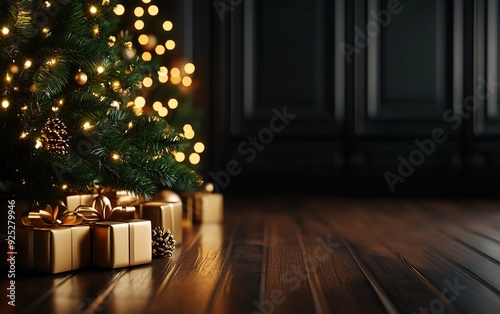 A beautifully decorated Christmas tree with glowing lights and wrapped gifts, ready for holiday celebrations on a wooden floor.