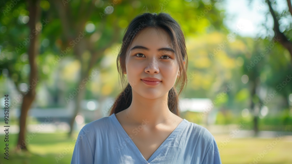 A young woman with long dark hair standing outdoors, smiling softly at the camera with a sunny park in the background and green trees. A young woman with long dark hair standing outdoors, smiling softly at the camera with a sunny park in the background and green trees.