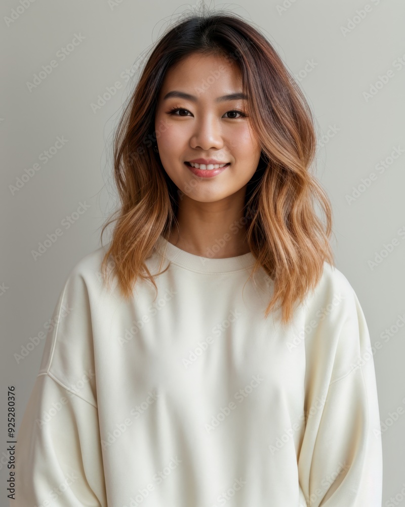 Lady with messy hair in white pullover against calm backdrop Lady with messy hair in white pullover against calm backdrop